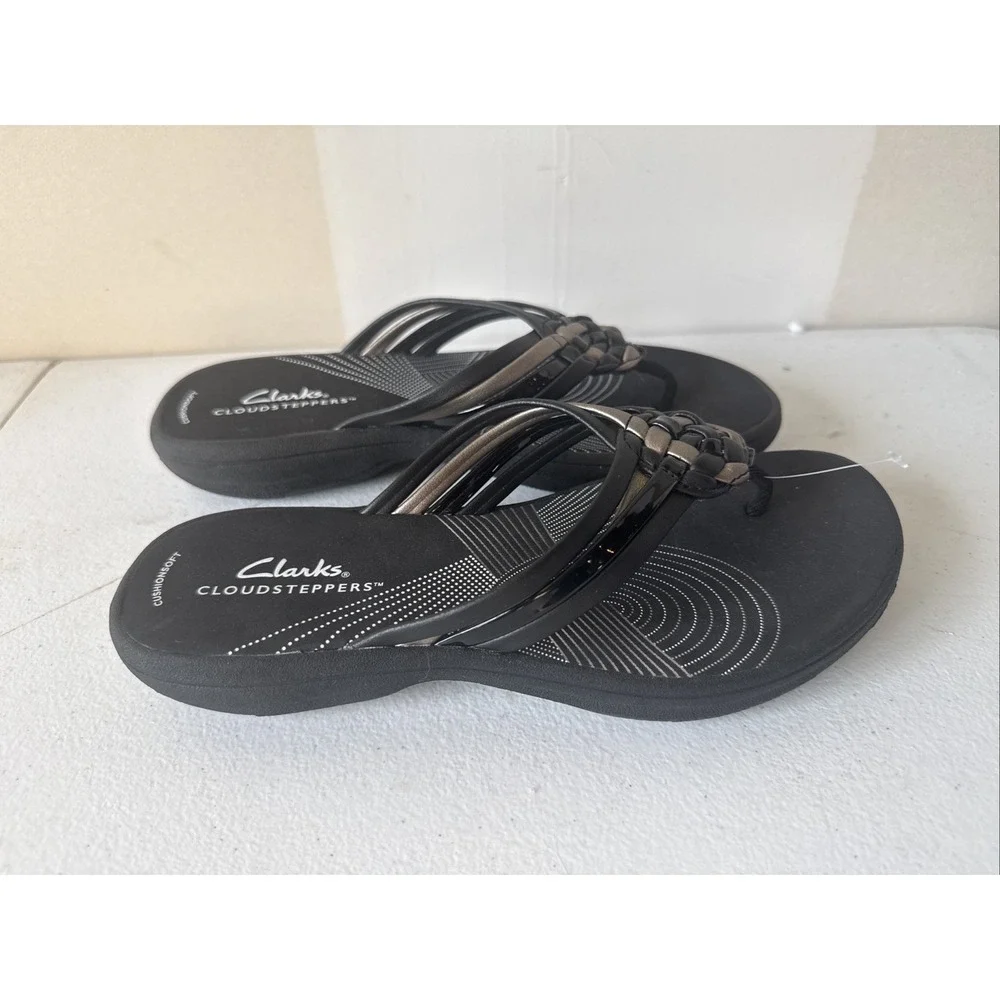 Clarks Women's Cloudsteppers Breeze Sea Sandals Black Patent Size 6 Nwt Summer